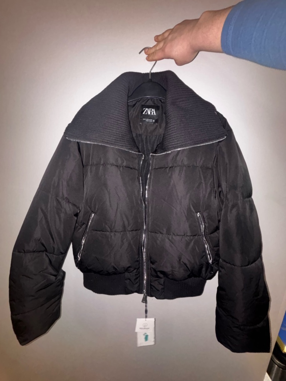 Zara Black Quilted Puffer with Ribbed Funnel Neck